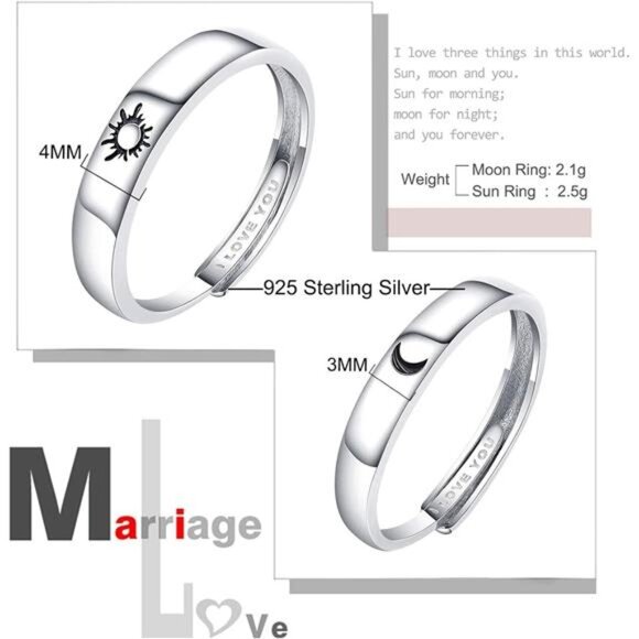925 Silver Rings Custom Adjustable Sun and Moon Matching Rings Engraved - Picture 5 of 7